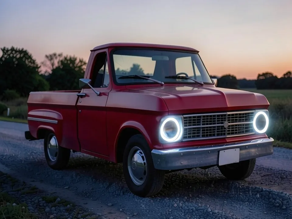 AI-drawn sample: the same pickup with glowing white halo rings around both round headlights