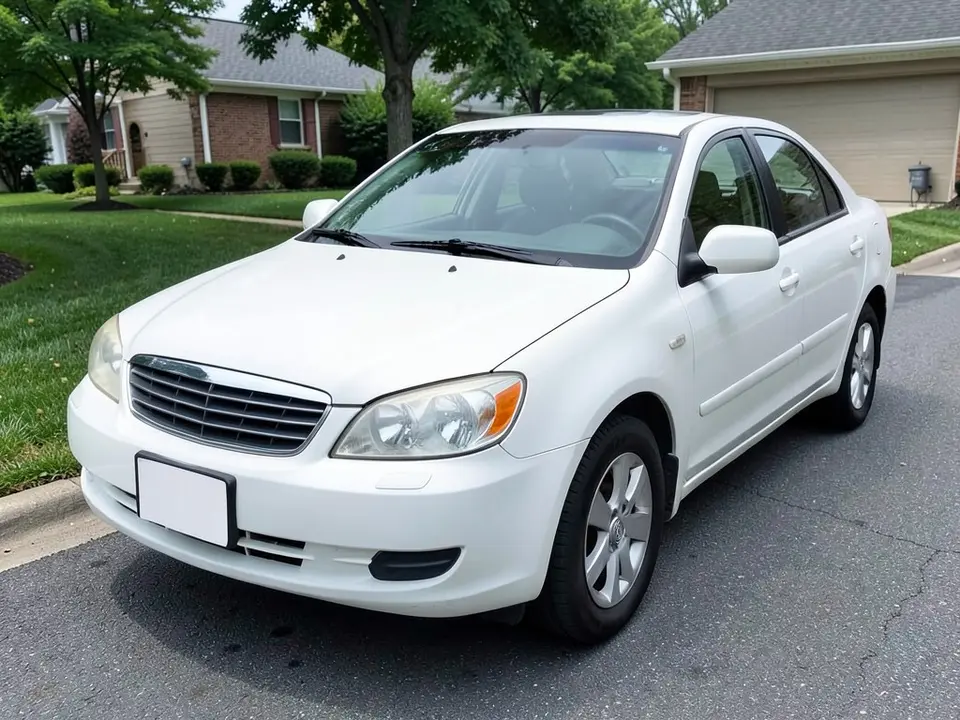 AI-drawn sample: the front of a white four-door sedan with clear, slightly yellowed headlights, parked in a driveway