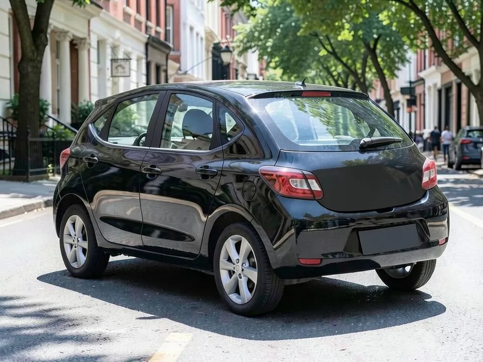 AI-drawn sample: a plain black compact hatchback with silver wheels on a city street