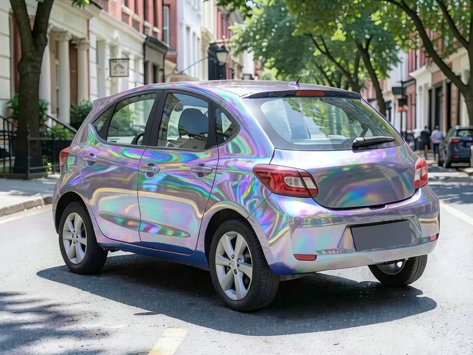 AI-drawn sample: the same hatchback in a holographic wrap with purple, blue and gold reflections