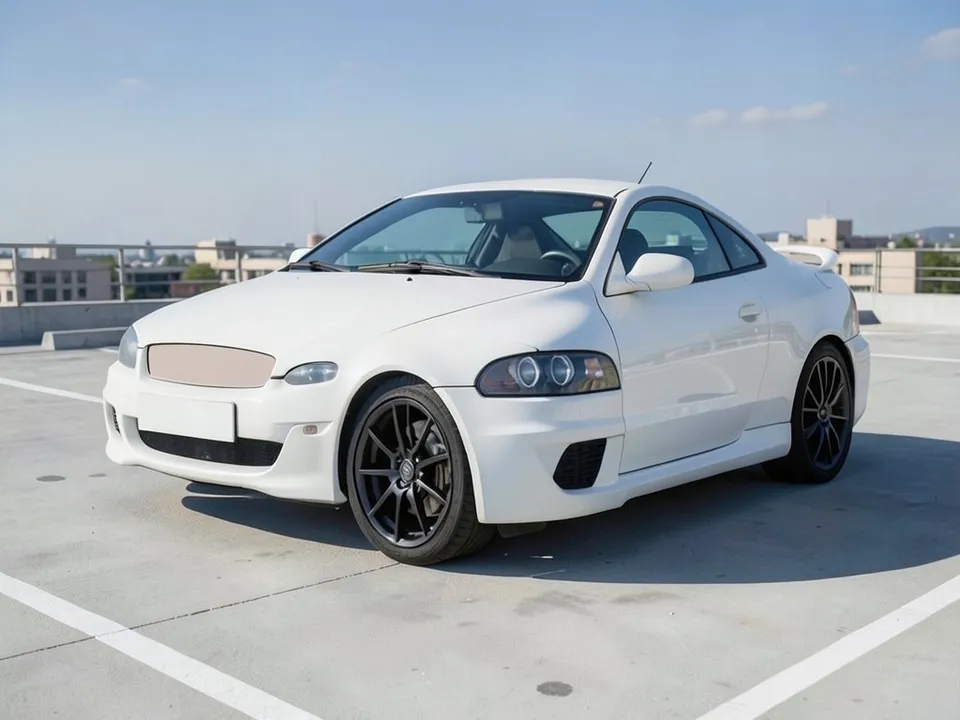 AI-drawn sample: a plain white two-door sports coupe with black wheels on a rooftop lot