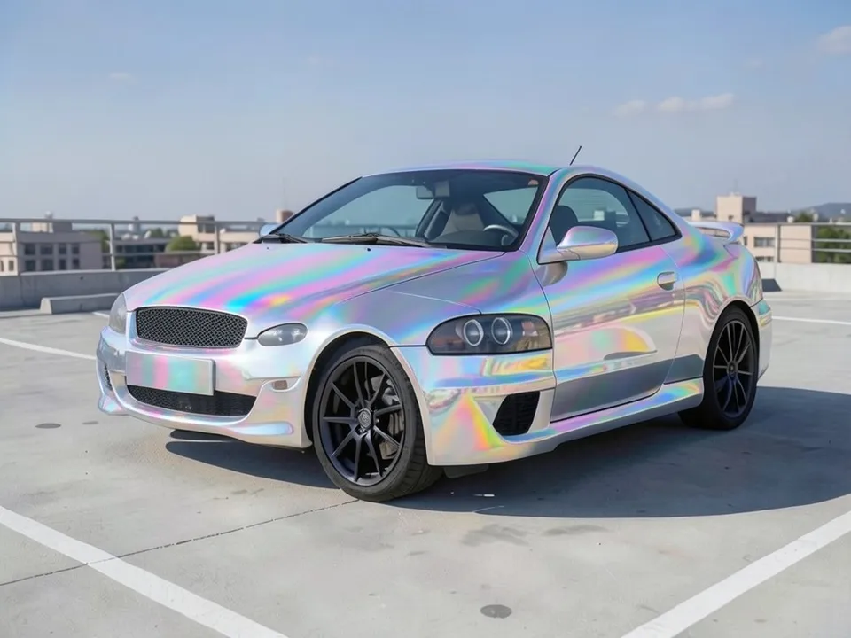 AI-drawn sample: the same coupe in a silver holographic wrap with rainbow bands
