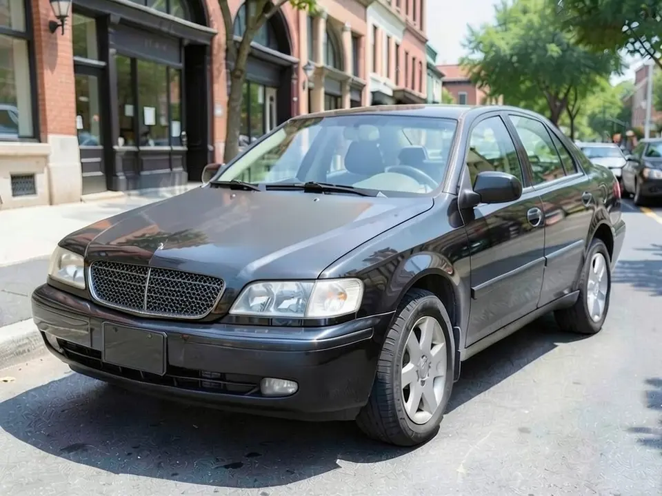 AI-drawn sample: a black four-door sedan parked on a city street seen from a front corner