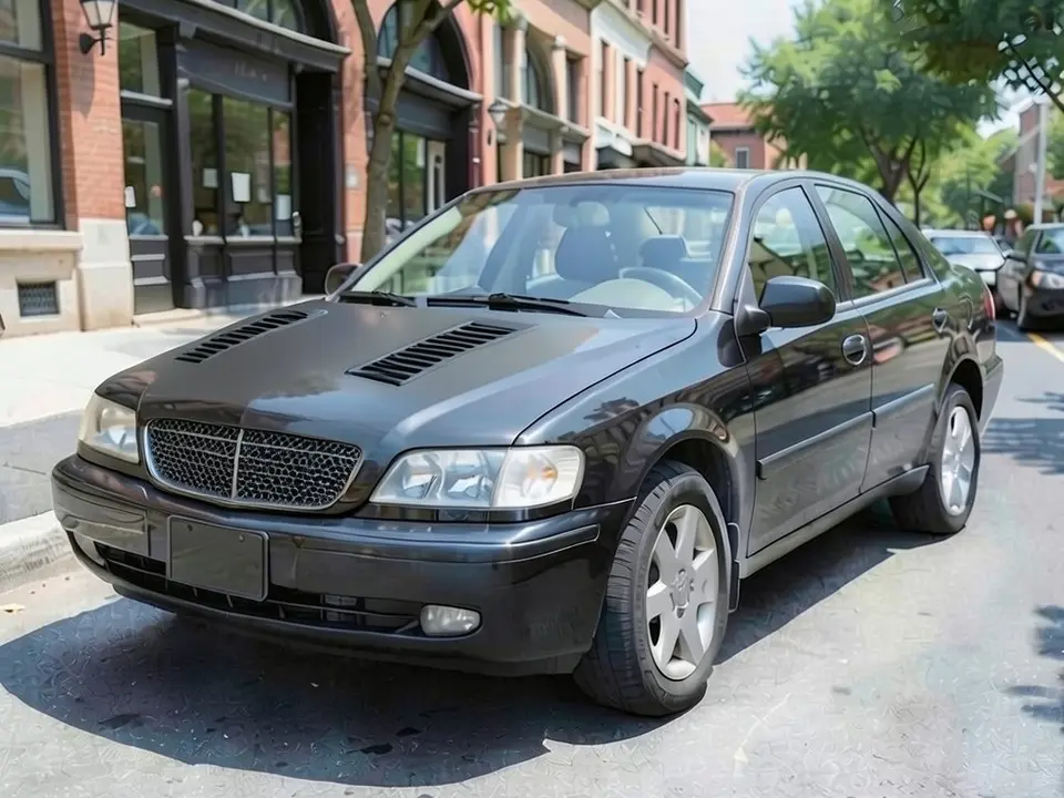 AI-drawn sample: the same sedan with two slatted vents, one on each side of the hood