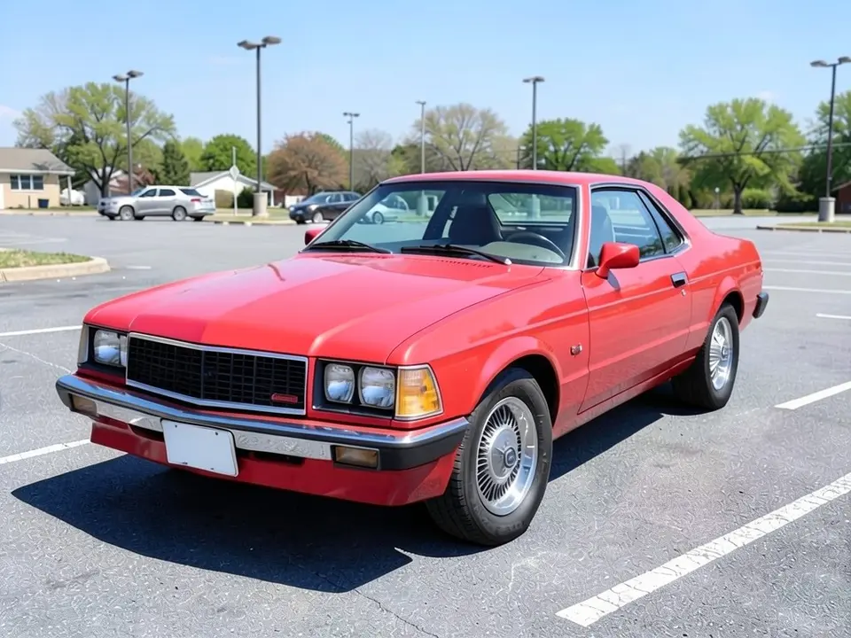 AI-drawn sample: a red two-door coupe in a parking lot seen from a front corner