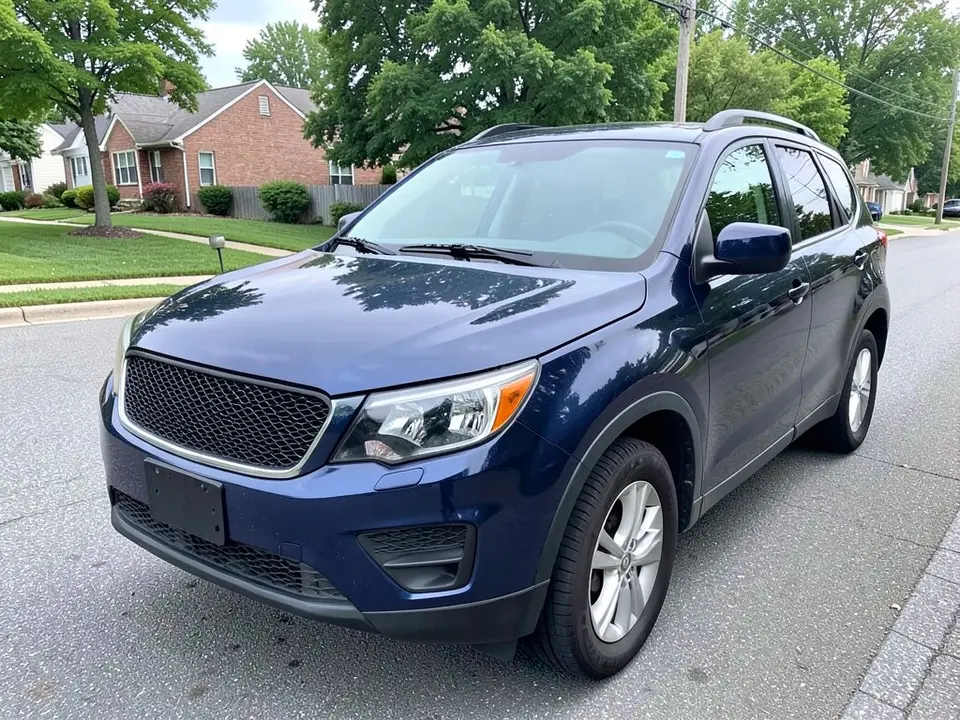 AI-drawn sample: a dark blue compact SUV seen from the front left corner, parked on a suburban street with houses and trees behind