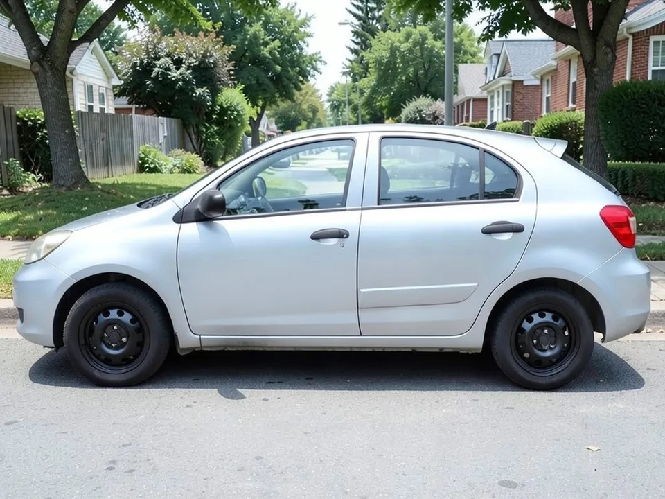 AI-drawn sample: a silver compact hatchback on black steel wheels, side view