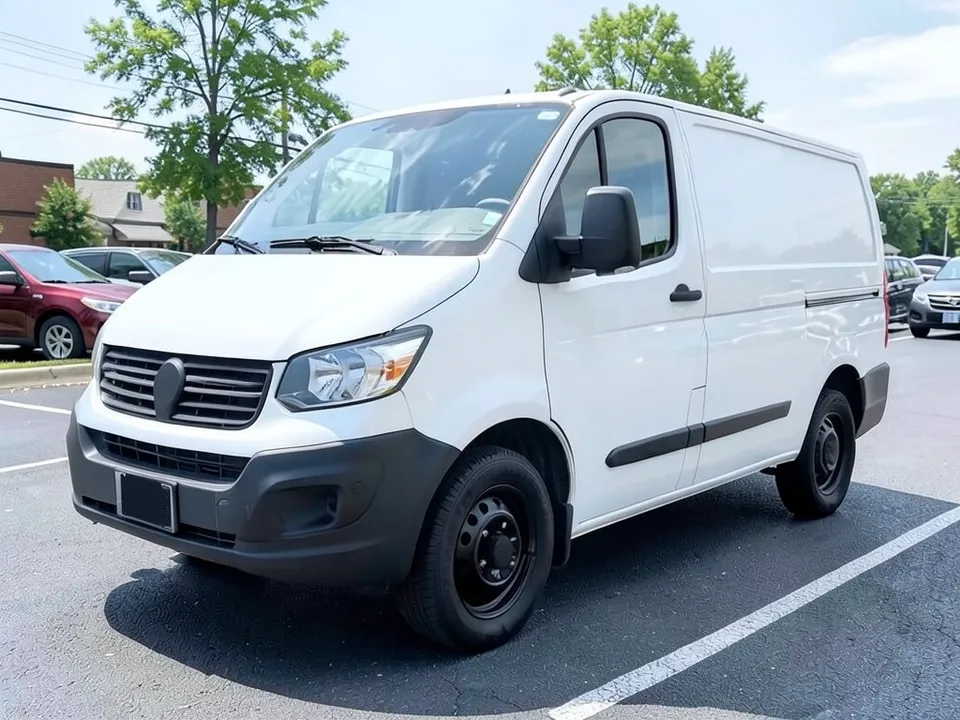 AI-drawn sample: a white cargo van on black steel wheels in a parking lot
