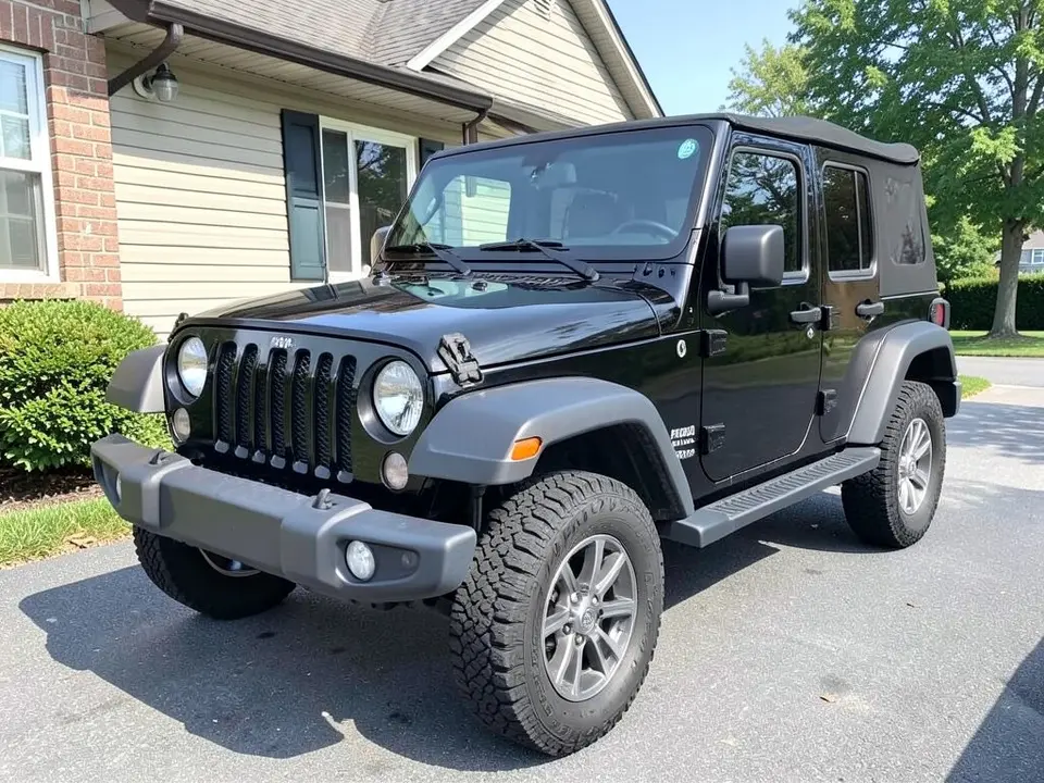 AI-drawn sample: a black Wrangler-style SUV with a black soft top seen from the front right corner, parked in a driveway beside a house