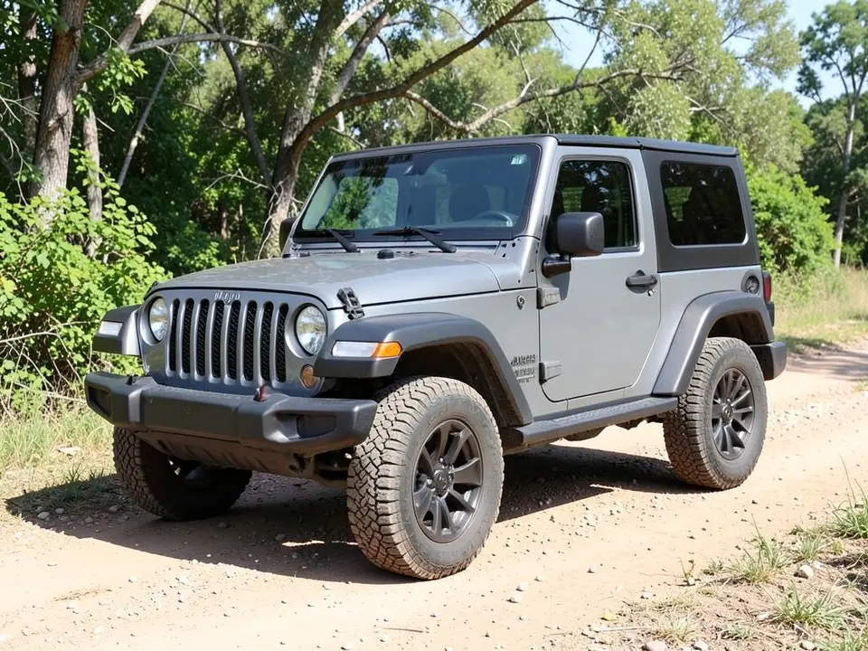 AI-drawn sample: a gray Wrangler-style SUV with a black hardtop seen from the front left corner, parked on a dirt trail with trees behind