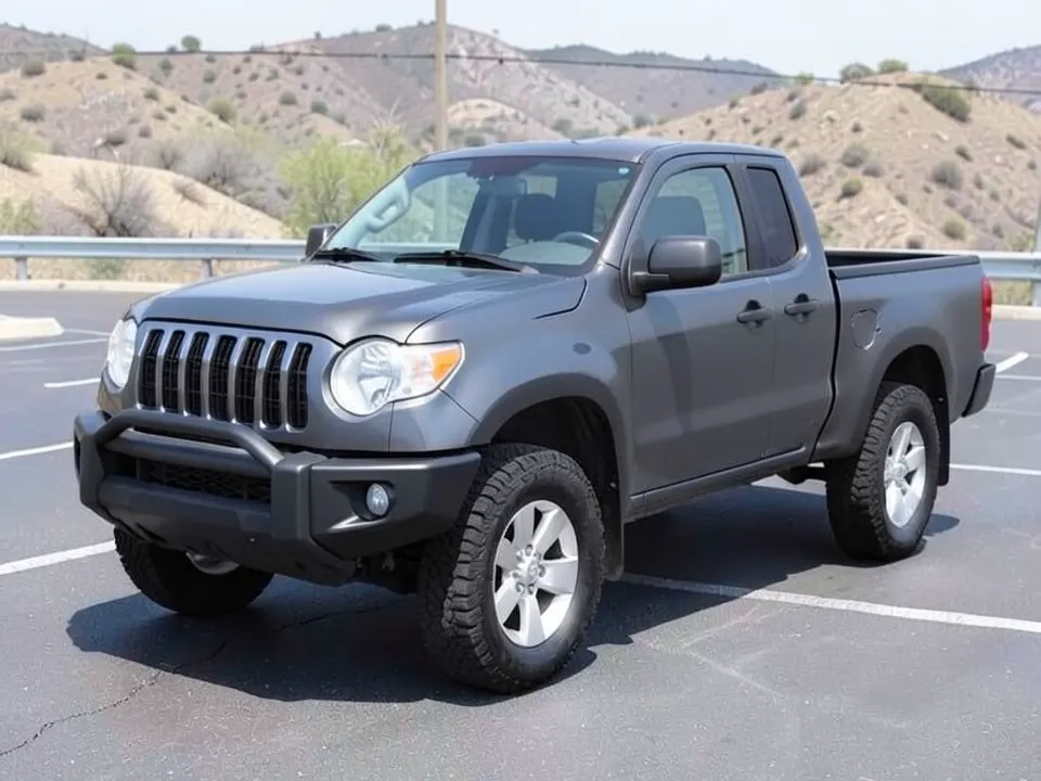 AI-drawn sample: a dark gray Jeep-style pickup with a black bull bar and silver wheels in a parking lot below dry hills