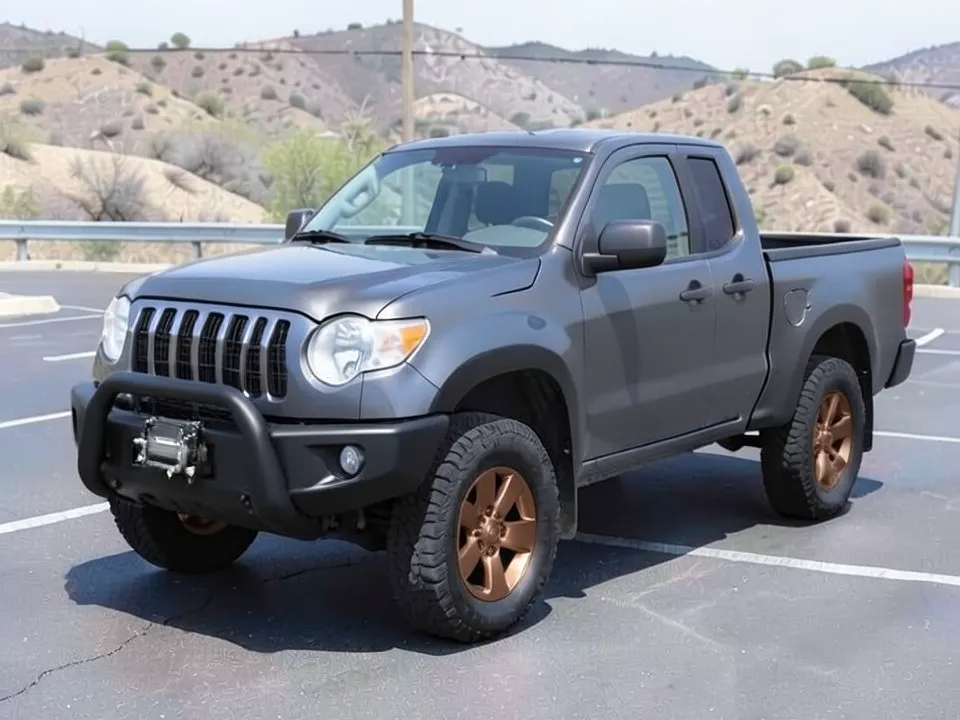 AI-drawn sample: the same pickup with bronze wheels and a winch mounted in the middle of the front bar