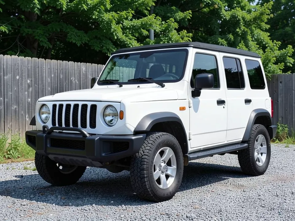 AI-drawn sample: a white four-door Jeep-style SUV with a black hardtop and silver wheels parked on gravel in front of a wooden fence