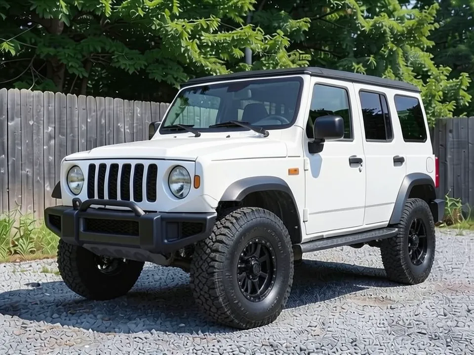 AI-drawn sample: the same SUV with black multi-spoke wheels and taller, chunkier all-terrain tires