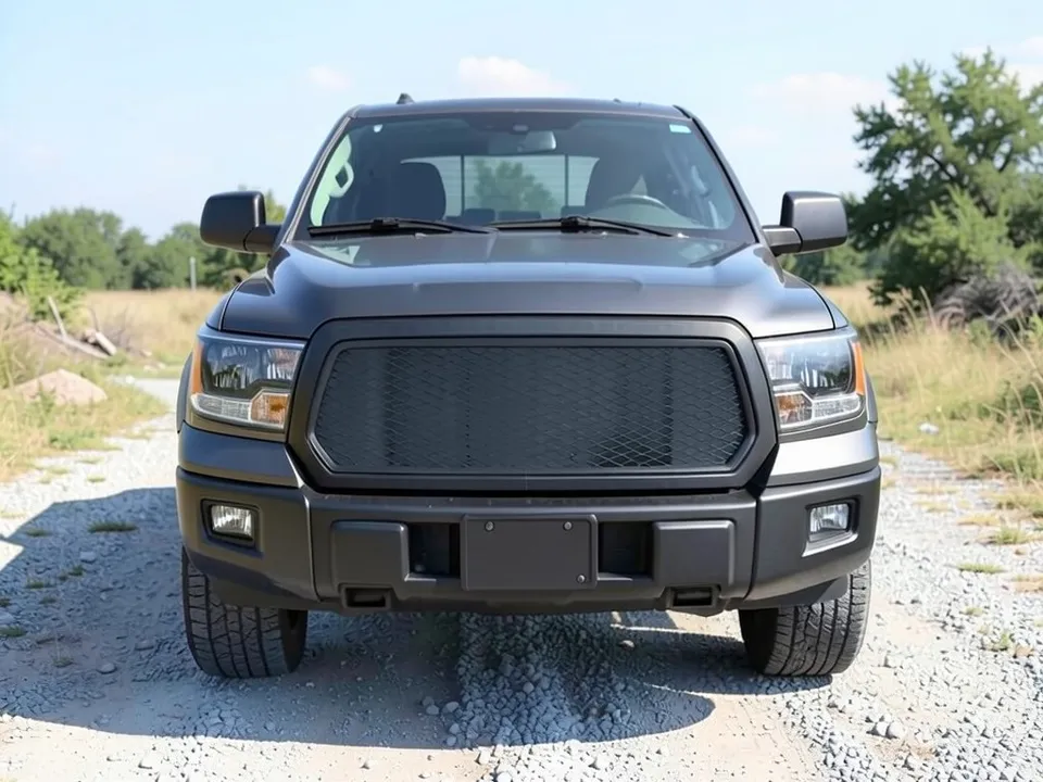 AI-drawn sample: a plain dark gray mid-size pickup seen from the front on a gravel road, with a black mesh grille and bumper