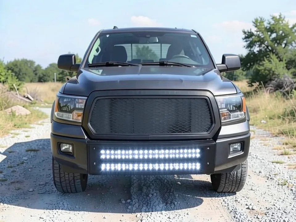 AI-drawn sample: the same pickup with a glowing LED light bar in the lower bumper opening