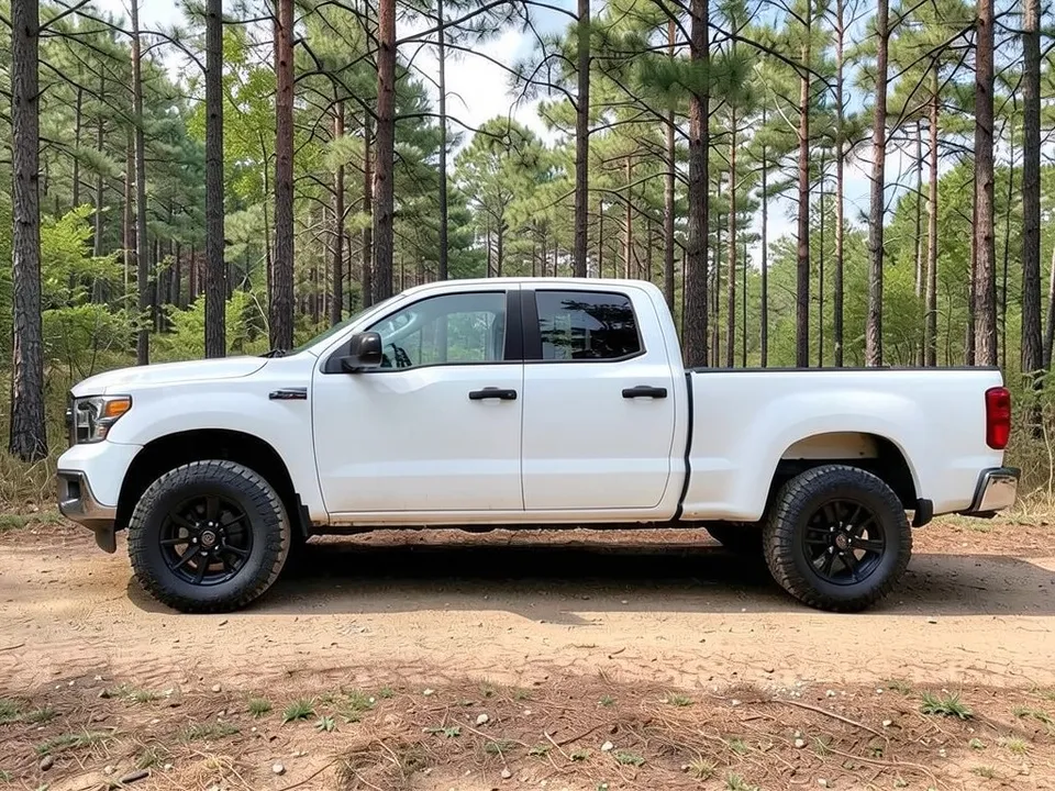 AI-drawn sample: a plain white full-size crew-cab pickup with black wheels, seen from the side on a forest trail, with nothing on the roof