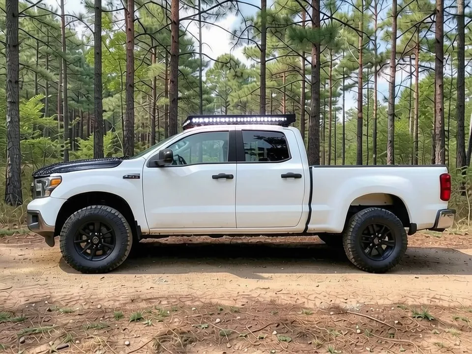 AI-drawn sample: the same pickup with a long black LED light bar on the front edge of the cab roof