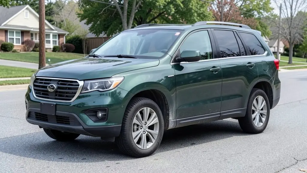 AI-generated sample: stock dark green mid-size SUV on a suburban street with silver alloy wheels and road tires
