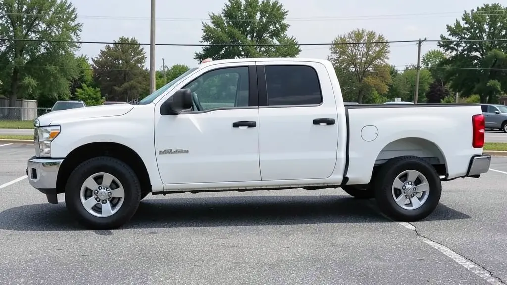 AI-generated sample: stock white crew cab pickup in a parking lot, side view, front sitting slightly lower than the rear