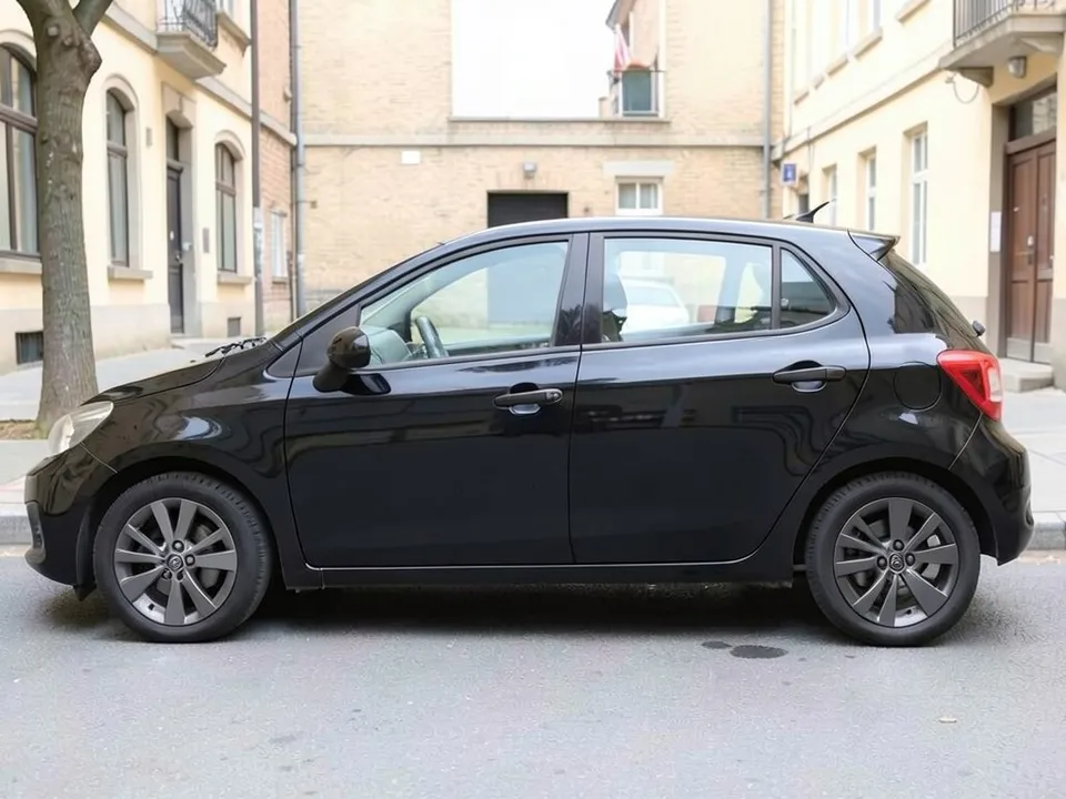 AI-drawn sample: a plain black compact hatchback with silver wheels on a city street, seen from the side