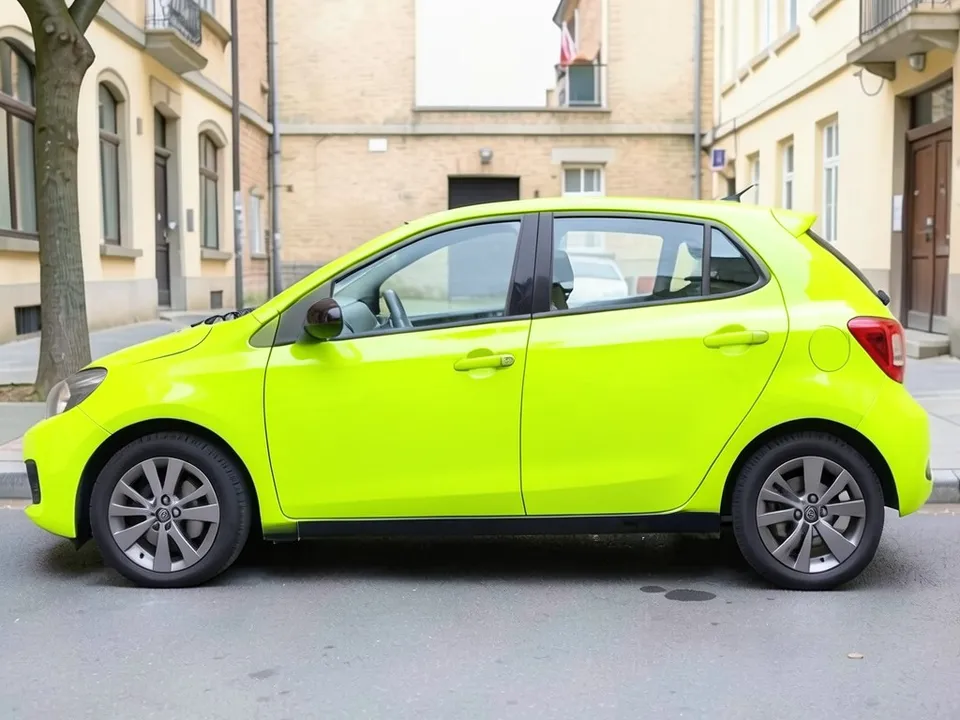 AI-drawn sample: the same hatchback in a gloss lime green