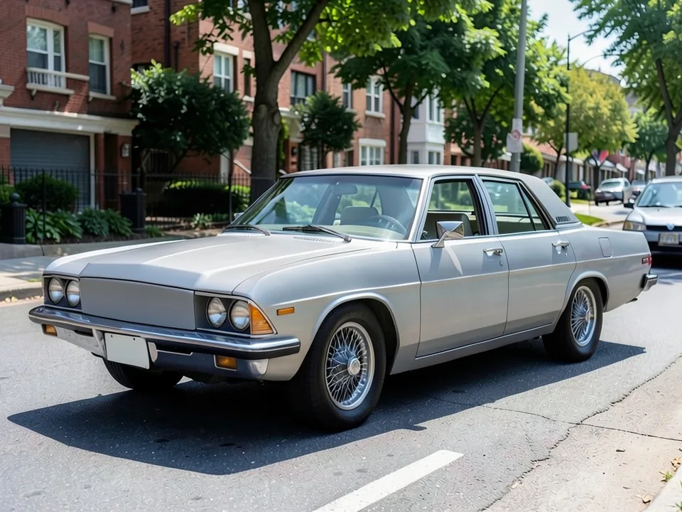 AI-drawn sample: a silver 1960s-style classic sedan with chrome bumpers and wire wheels on a boulevard