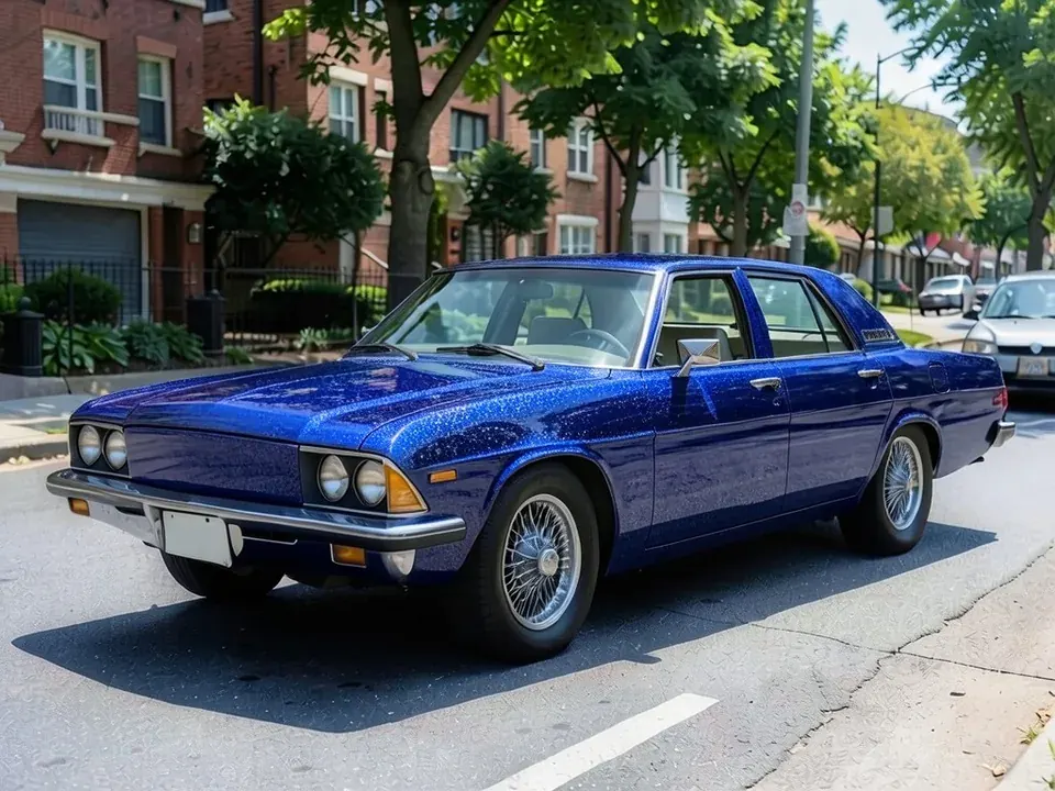AI-drawn sample: the same sedan repainted deep candy blue with silver metal flake