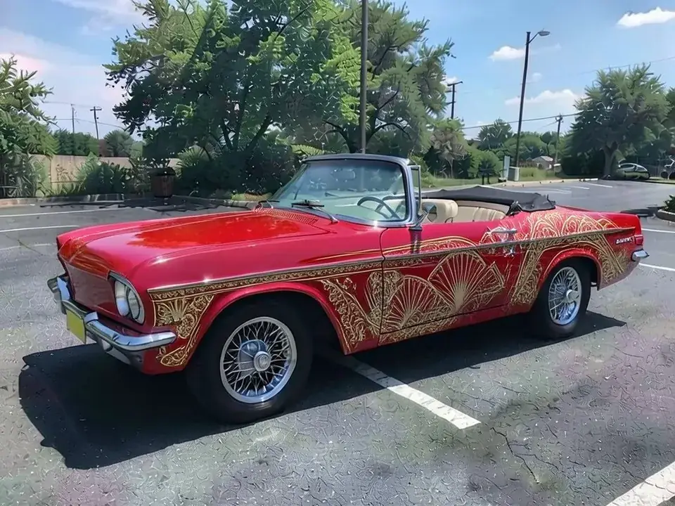 AI-drawn sample: the same convertible in candy apple red with gold lace and fan patterns on the sides