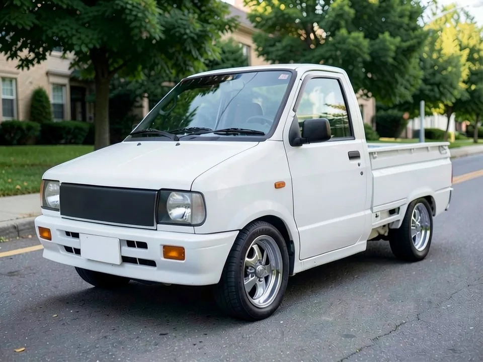 AI-drawn sample: a lowered white compact pickup with chrome wheels on a city street