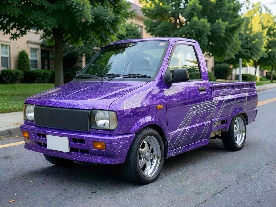 AI-drawn sample: the same mini truck in candy purple with silver flake and pinstriped side panels