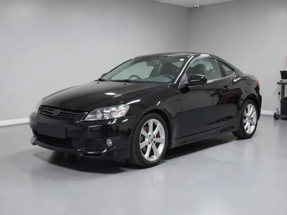 AI-drawn sample: a plain black two-door coupe with silver wheels in a bright garage