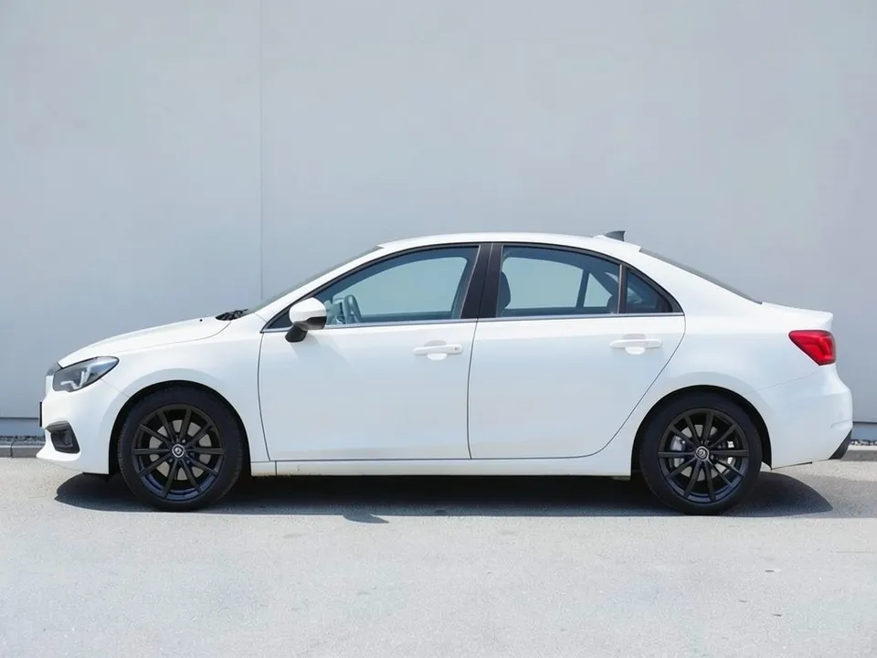 AI-drawn sample: a plain white midsize sedan with black wheels by a gray wall, seen from the side