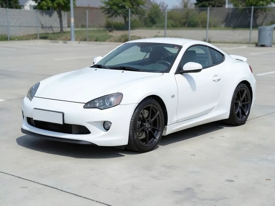 AI-drawn sample: a plain white two-door sports coupe with black wheels in an empty parking lot