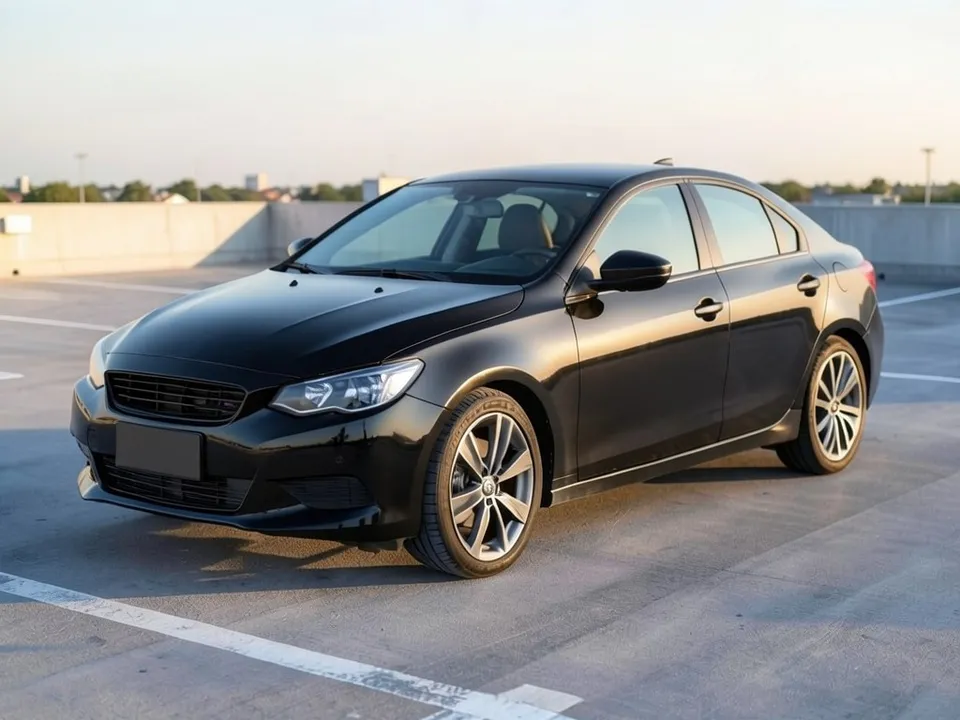AI-drawn sample: a plain black sports sedan with silver wheels on a rooftop parking deck