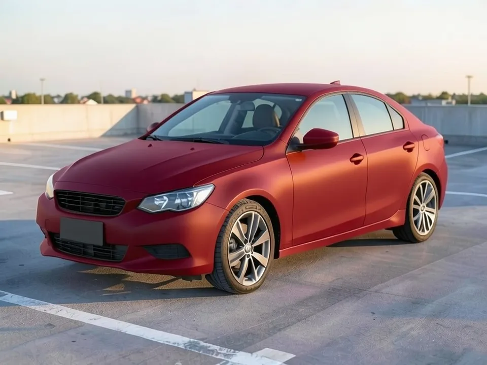 AI-drawn sample: the same sedan in a matte dark red finish