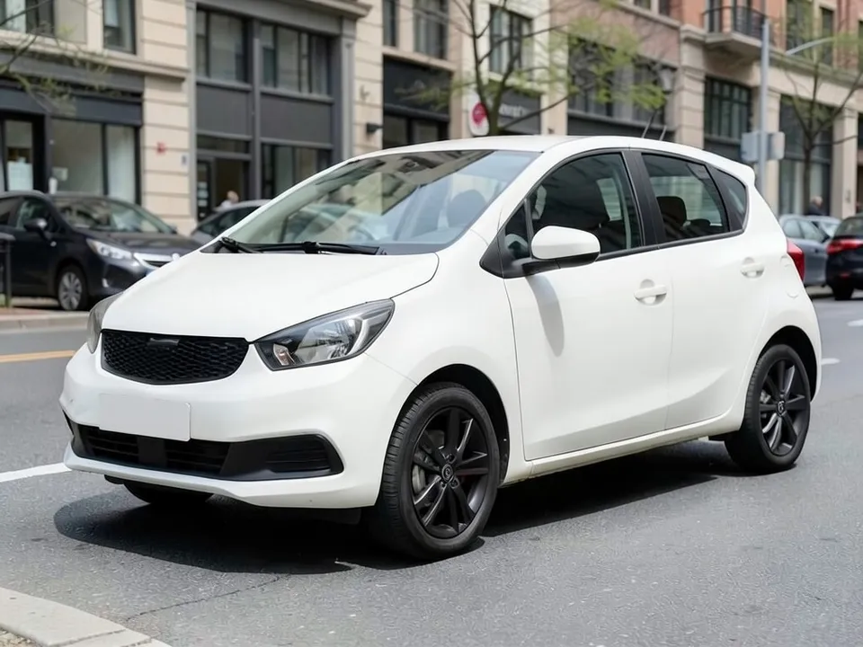 AI-drawn sample: a plain white five-door hatchback with black wheels on a city street