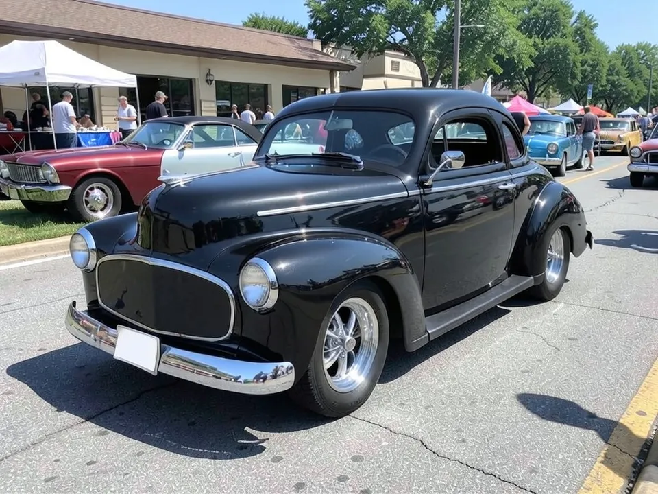 AI-drawn sample: a black 1950s-style coupe hot rod with chrome bumpers at a car show