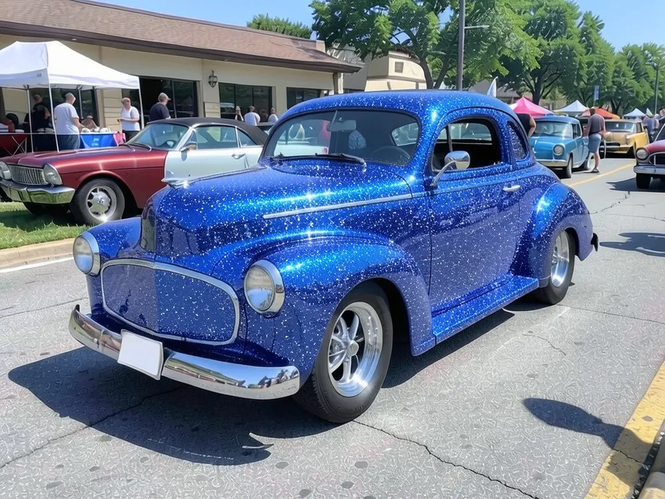 AI-drawn sample: the same hot rod in deep blue paint with large silver flakes