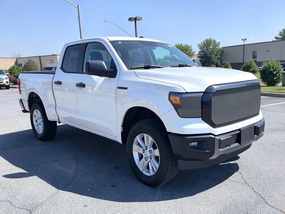 AI-drawn sample: a plain white crew-cab pickup with a black grille and silver wheels in a parking lot
