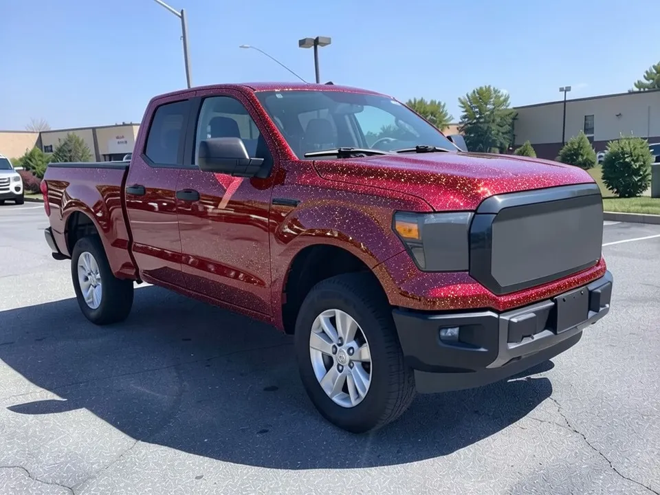 AI-drawn sample: the same pickup repainted deep red with visible sparkling flake