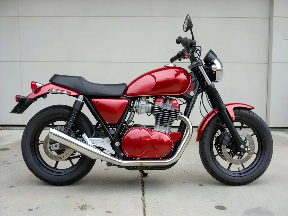 AI-drawn sample: the same motorcycle with a glossy candy red tank and front fender