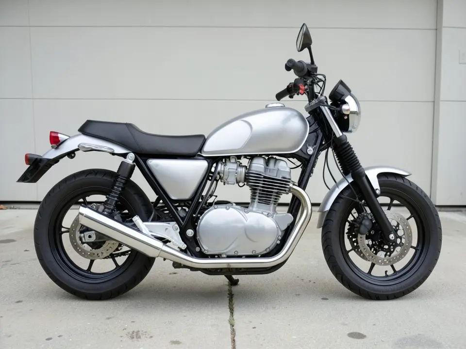 AI-drawn sample: a plain silver standard motorcycle with a chrome exhaust and black wheels parked on a garage driveway, seen from the side