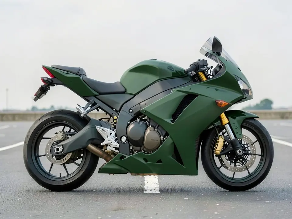 AI-drawn sample: the same sport bike with matte dark green fairing, tank and tail