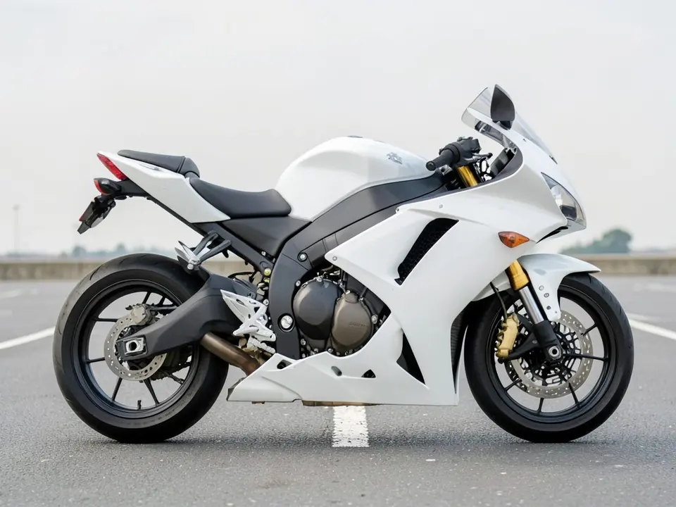 AI-drawn sample: a plain white sport bike with a full fairing and black wheels parked in a parking lot, seen from the side