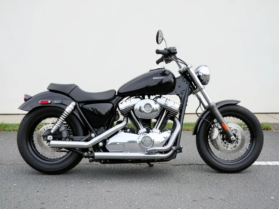 AI-drawn sample: a plain black cruiser with a chrome engine and spoked wheels parked on pavement, seen from the side