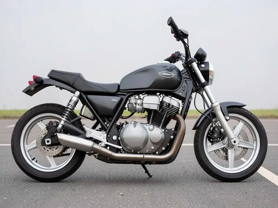 AI-drawn sample: a plain dark gray naked motorcycle with silver cast alloy wheels parked on pavement, seen from the side