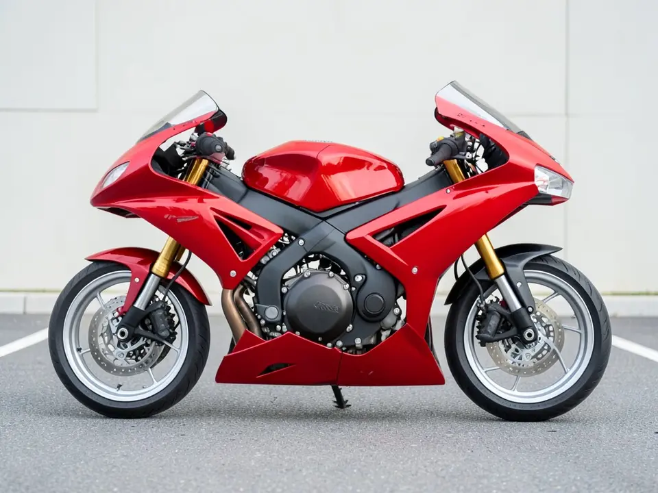 AI-drawn sample: a plain red sport bike with silver cast alloy wheels parked on pavement, seen from the side