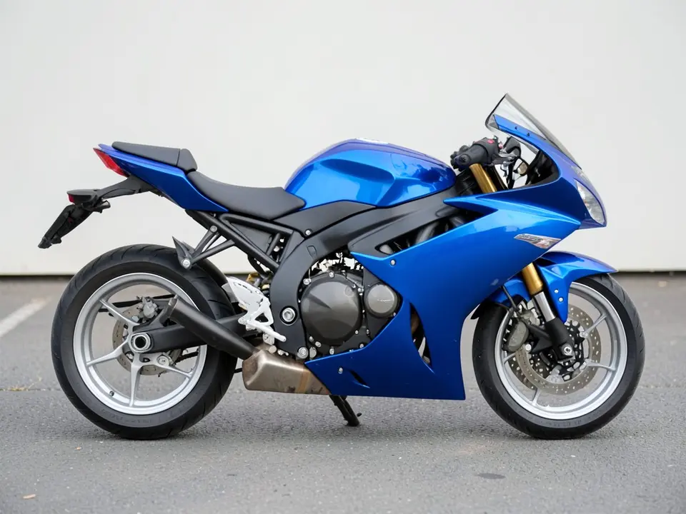 AI-drawn sample: a plain blue sport bike with silver cast alloy wheels parked on pavement, seen from the side