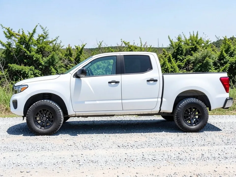 AI-drawn sample: a plain white full-size four-door pickup with black wheels and no mud flaps, seen from the side on a gravel road